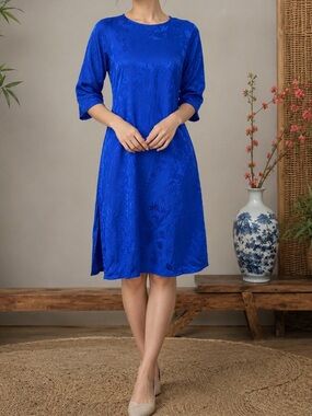 Vintage Asian Inspired Royal Blue 100% Silk Dress | Elegant Satin Midi